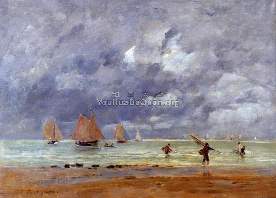 Fishermen and Sailboats near Trouville - 尤金·布丹
